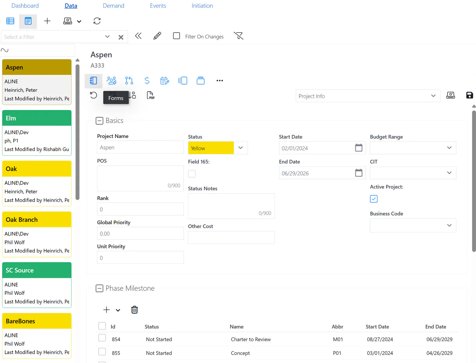 Project data forms