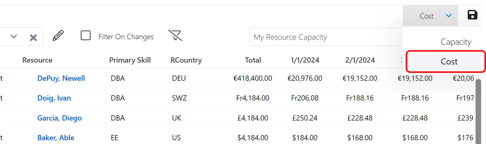 Resource capacity cost page
