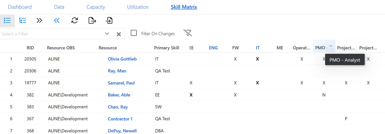 Resource skill matrix page