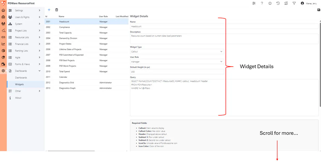 Admin widget details page