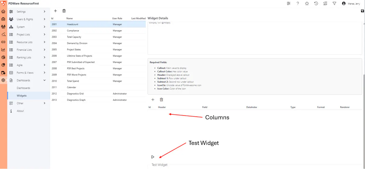 Admin widget details page