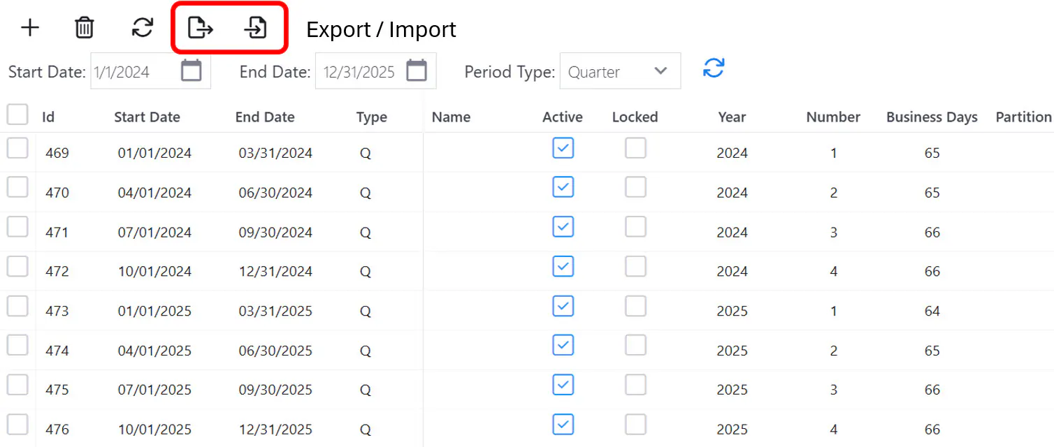 Administration sys periods exp imp