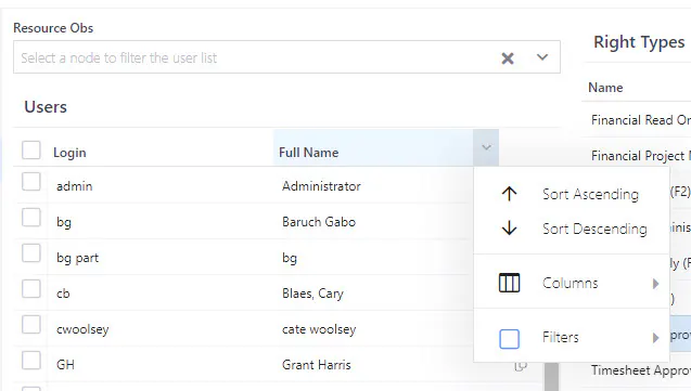 Resource rights filter