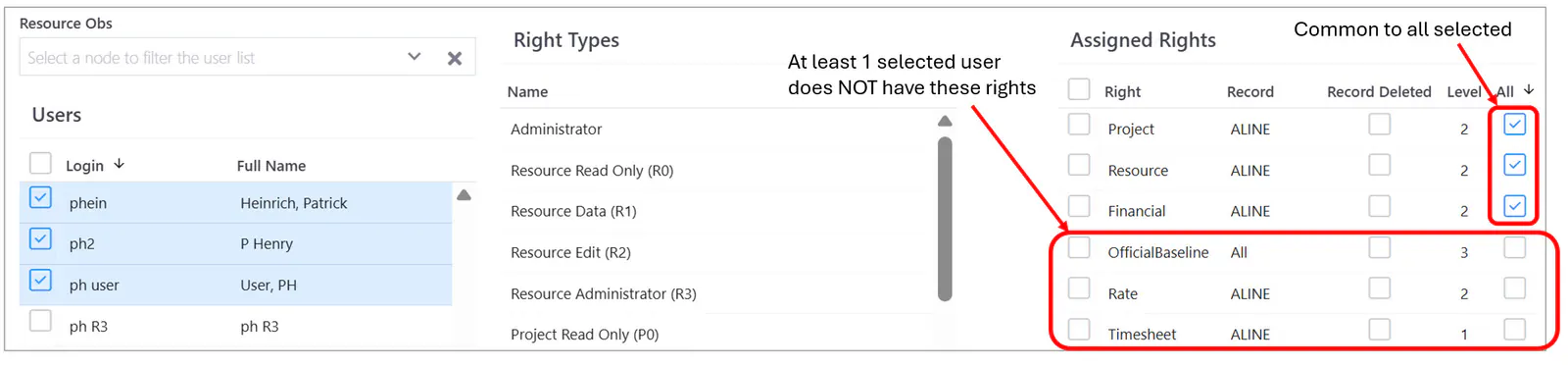 Administration rights multiselect users