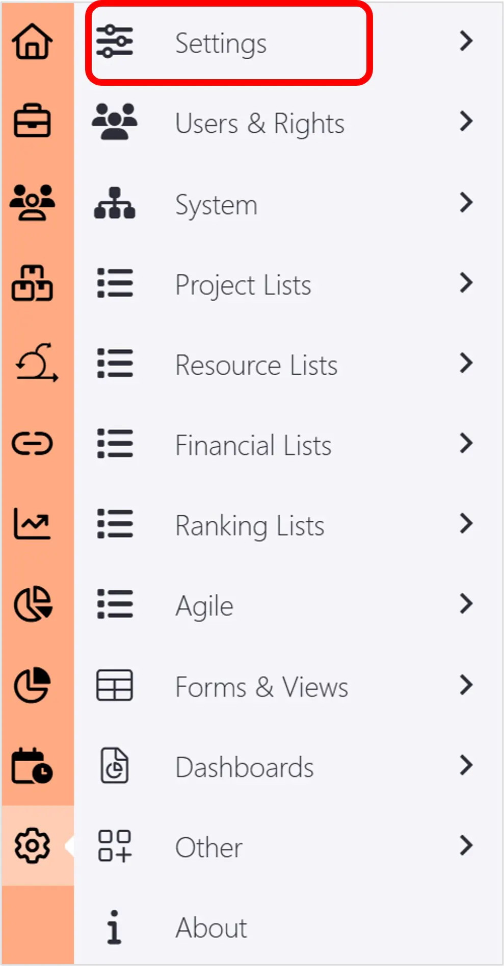 Administration settings menu