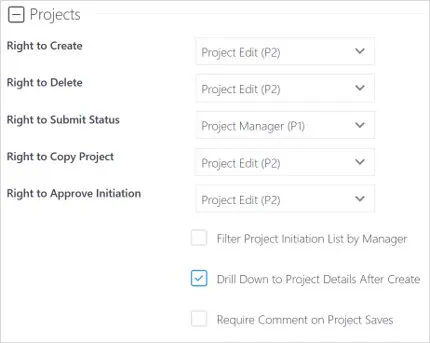 Administration settings portfolio projects section