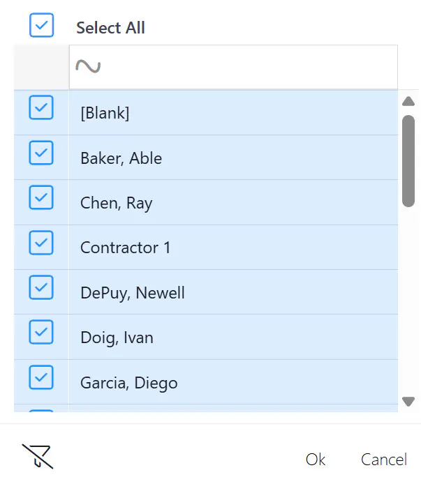 Column filter value list