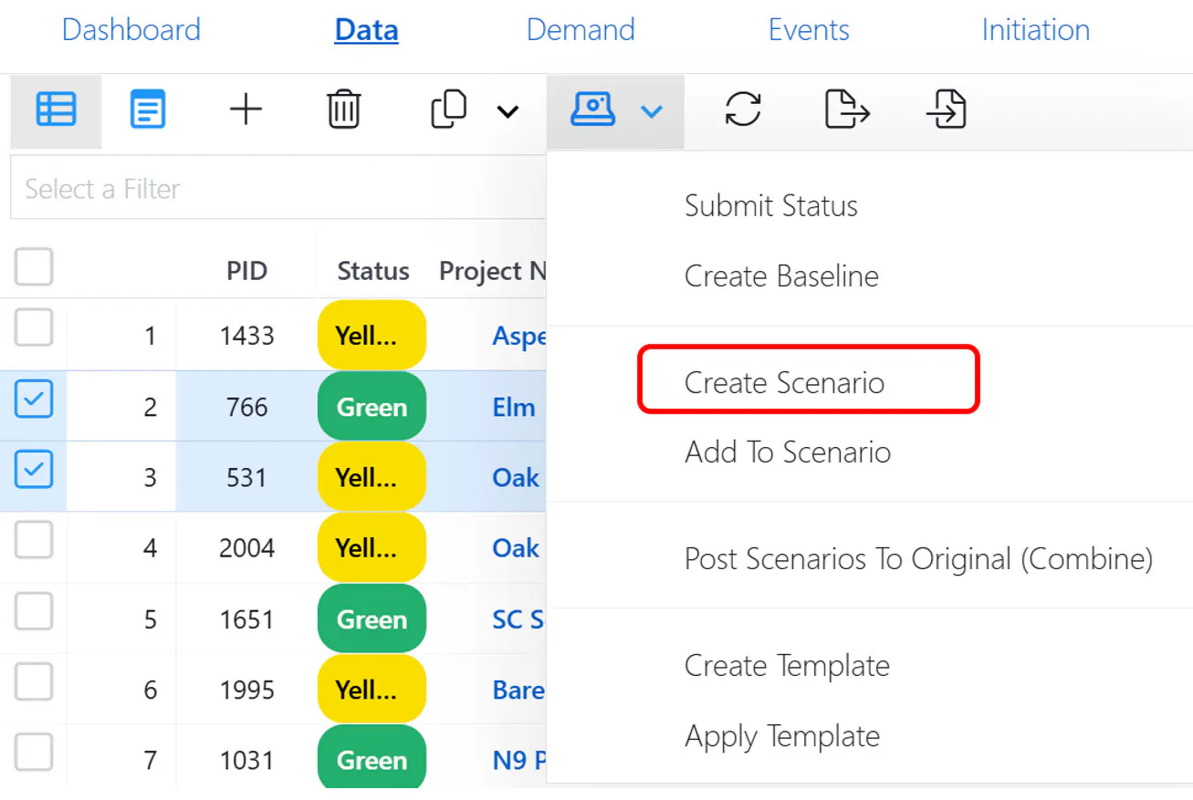Scenario create menu