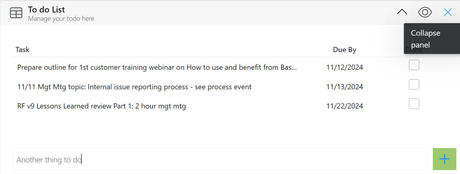 To do List widget expanded, with the Collapse panel tooltip