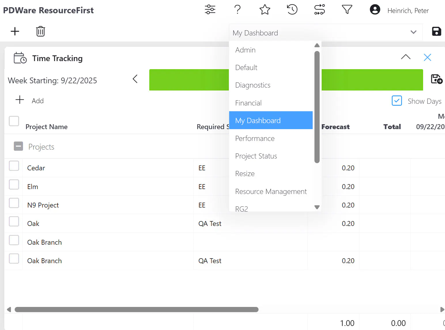 Dashboard page menu