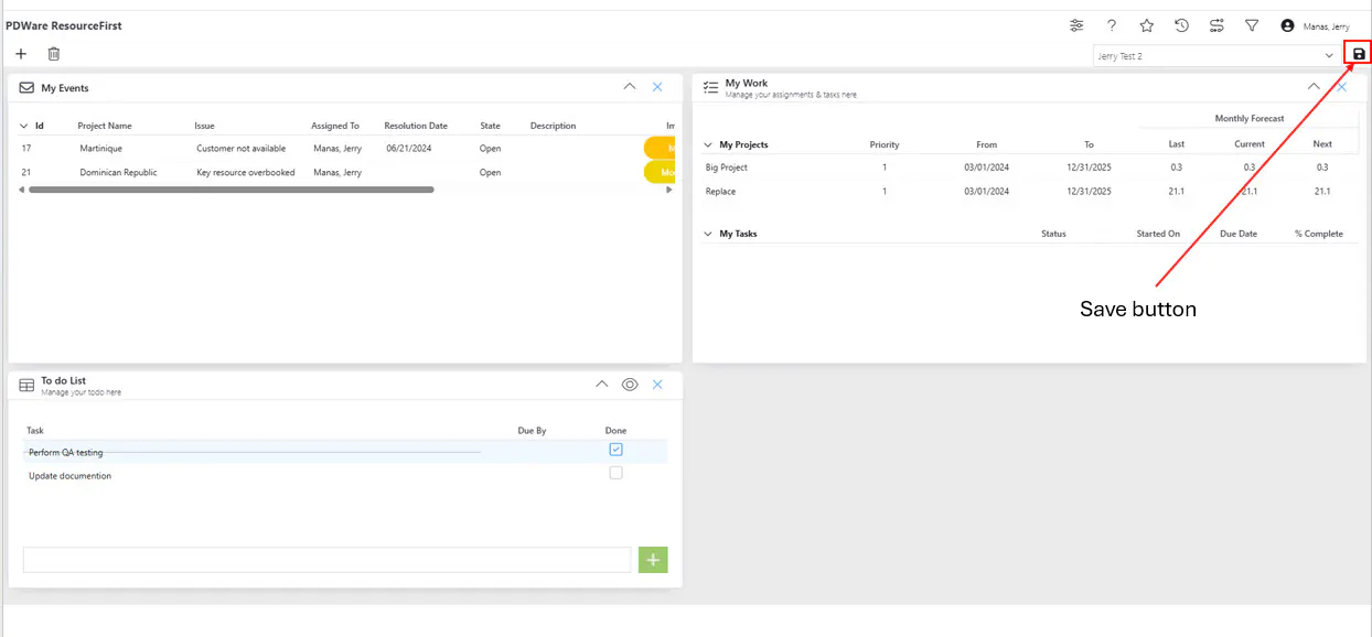 Save button dashboard