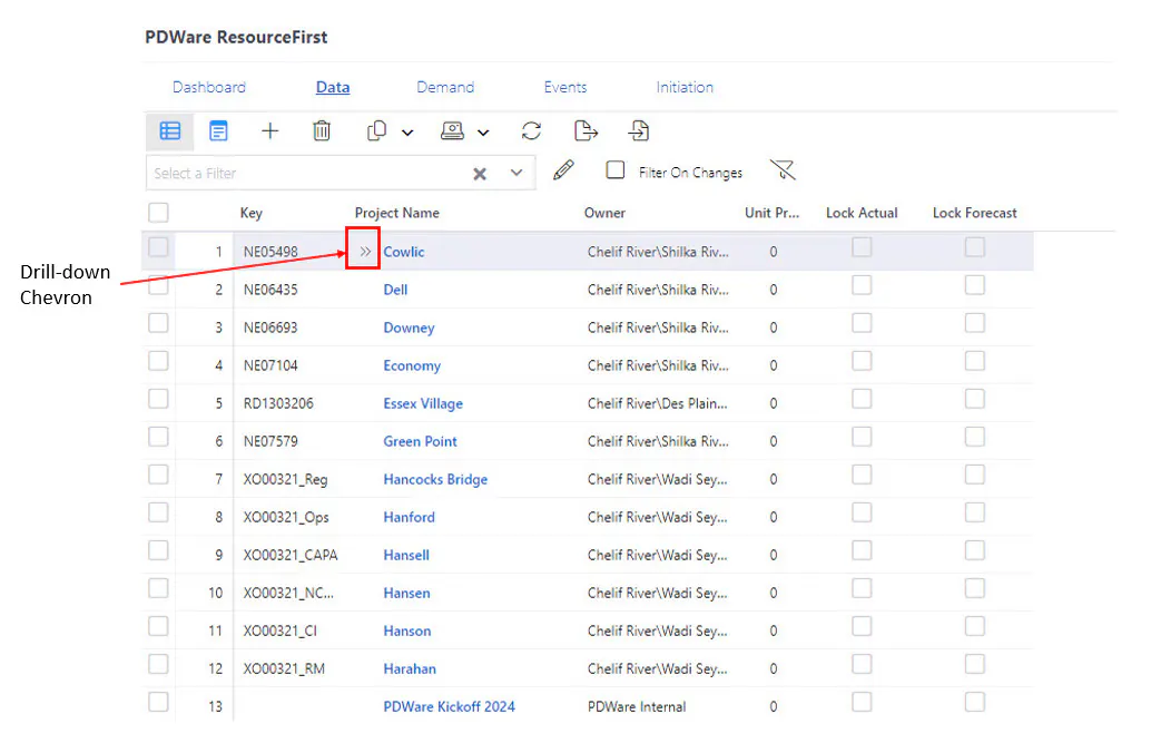 Project data with chevron