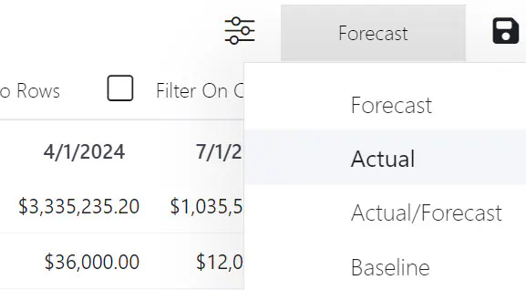 Assignments financial actuals menu