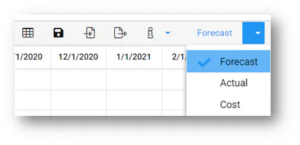 Value type menu with Forecast, Actual and Cost