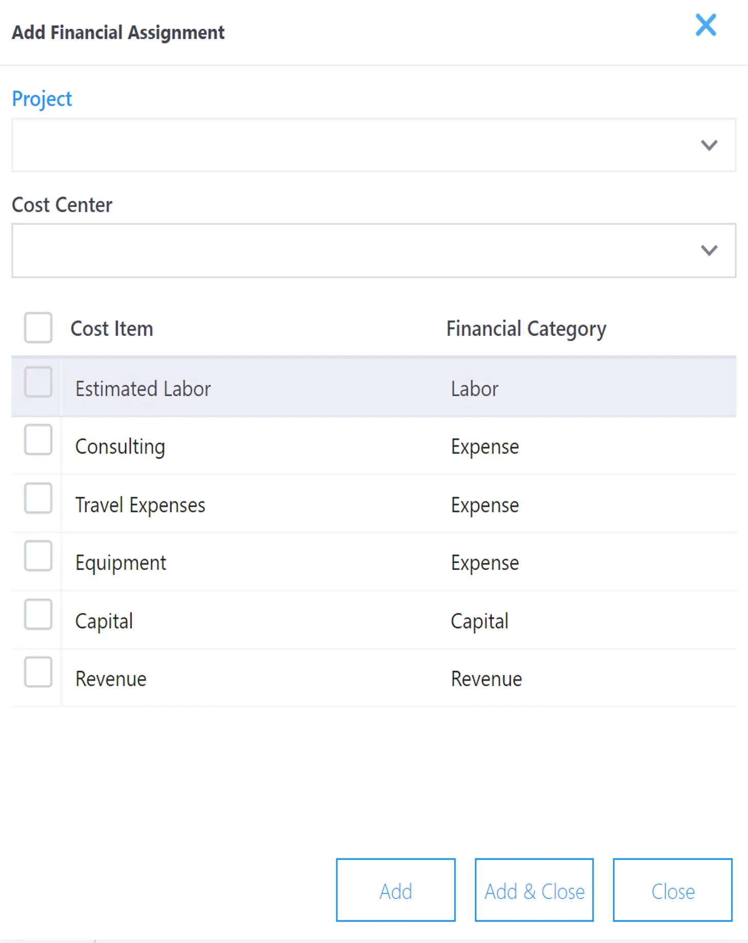 Financial assignment dialog