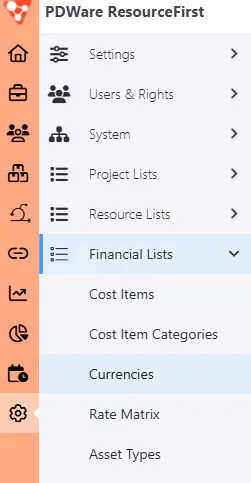 Currencies menu