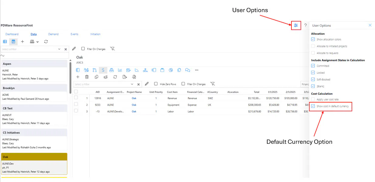User options with default currency