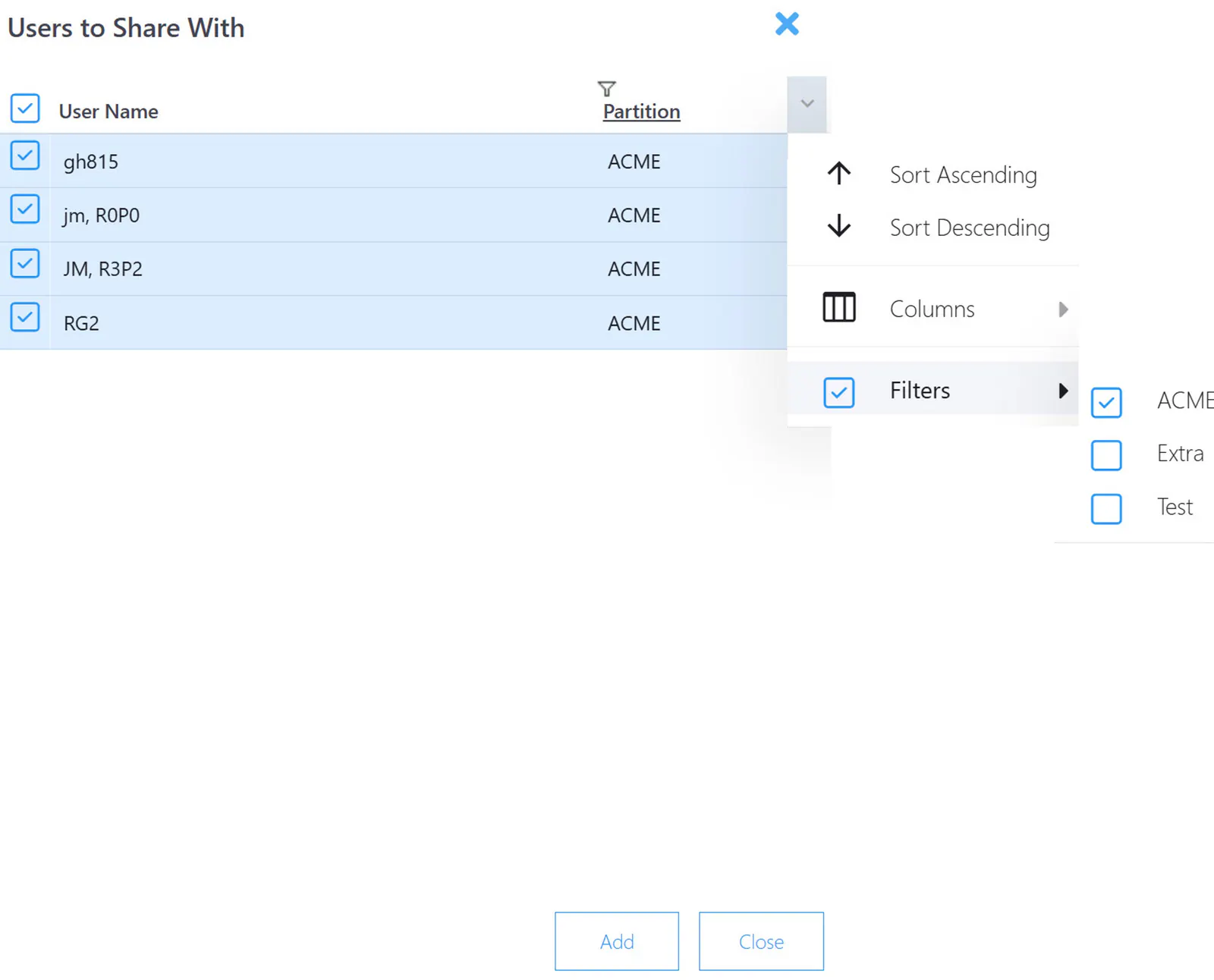 Scenario share filter