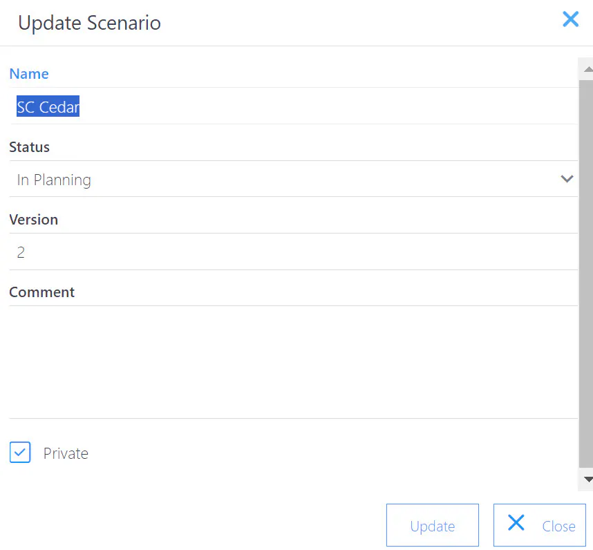 Scenario update dialog