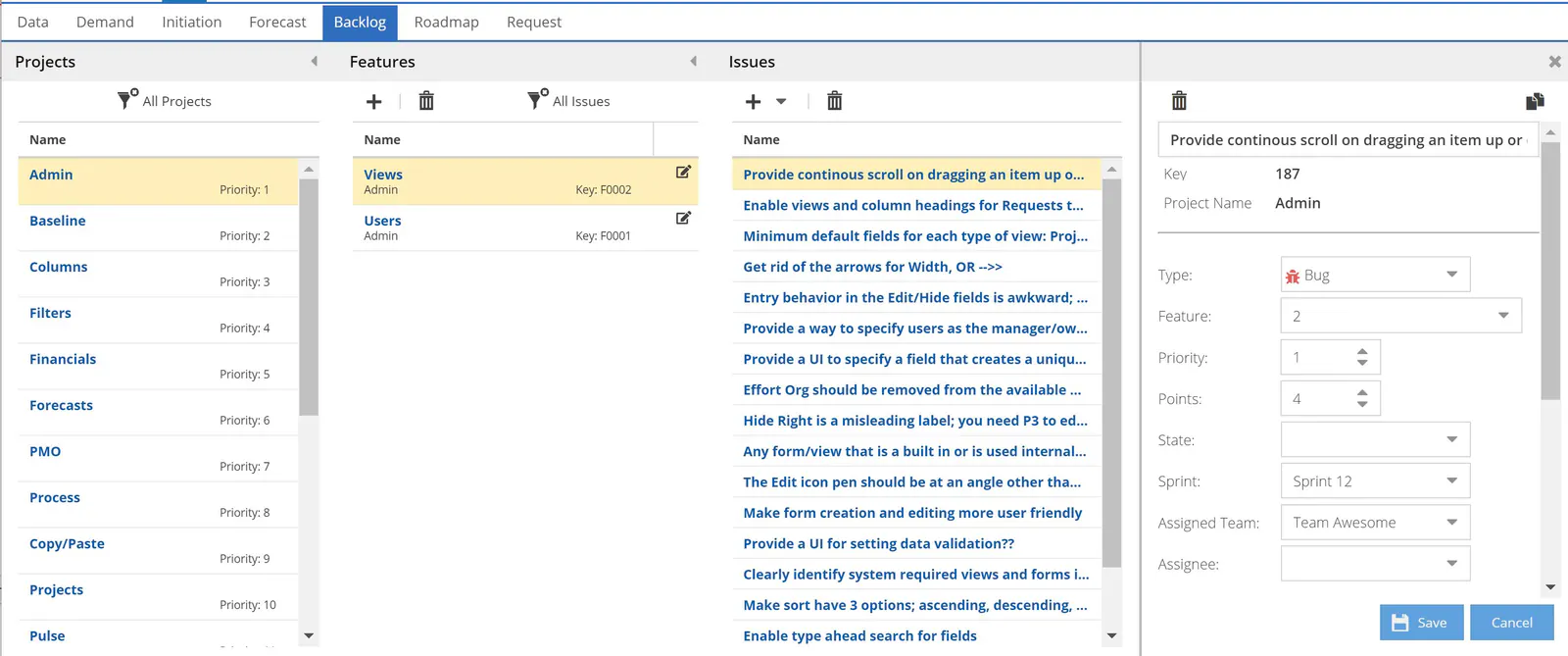 Projects backlogs story detail