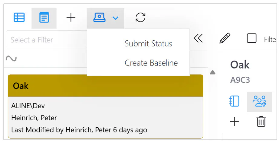 Project baseline, status, scenario and template menu detail