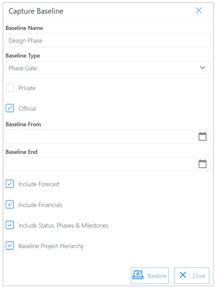 Project baseline dialog