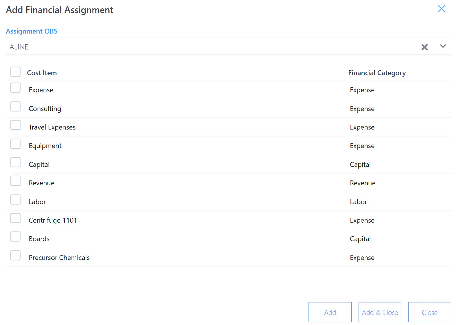 Financial add dialog