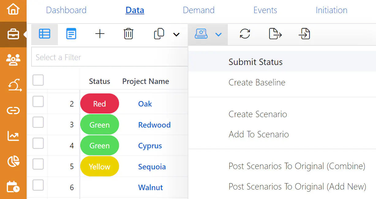 Project status history menu