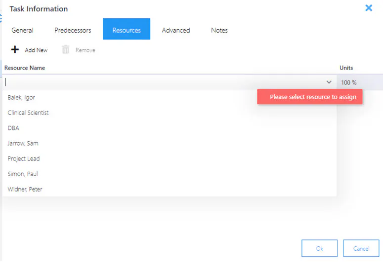 Task info resource dropdown
