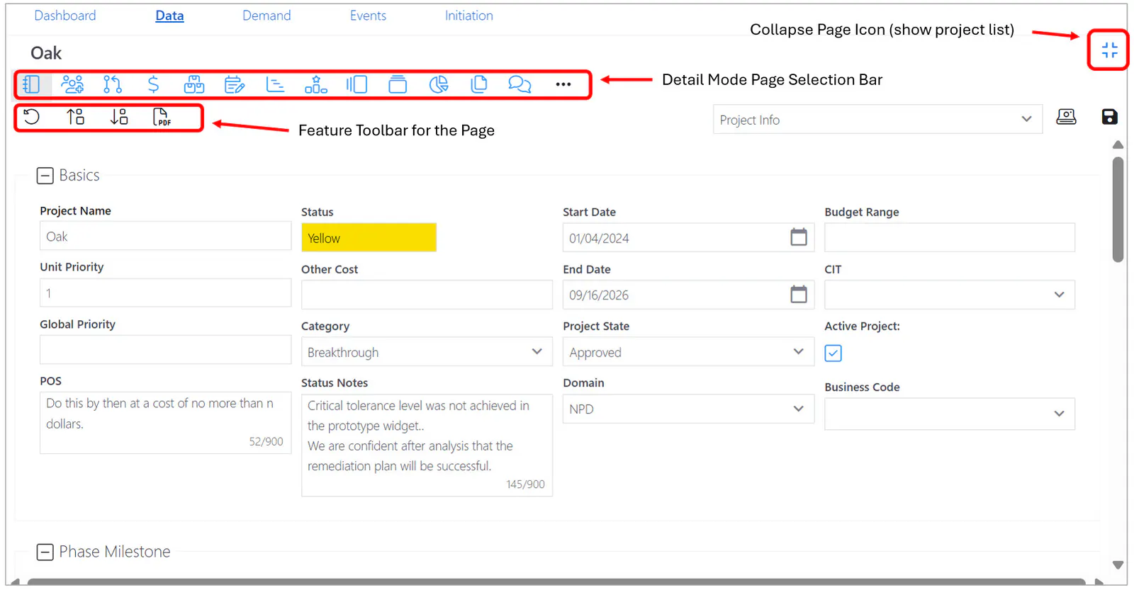 Detail page expanded, project list hidden