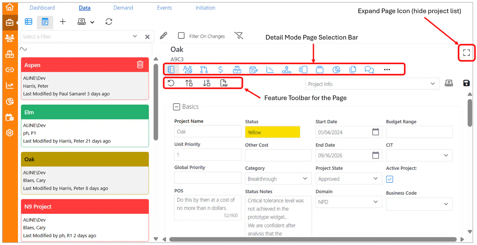 Detail page collapsed, project list showing
