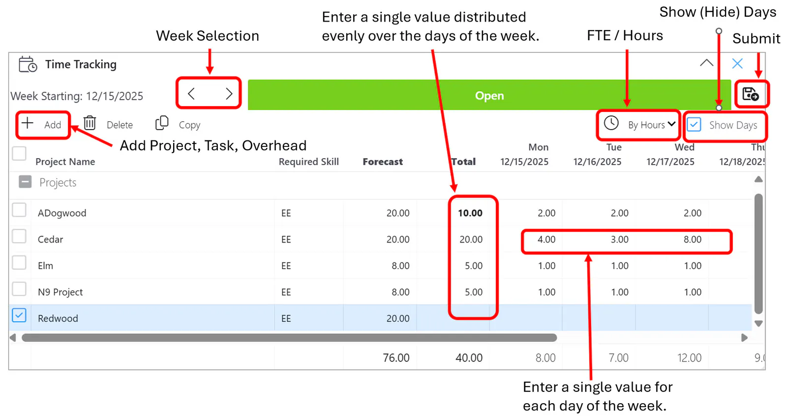 Time tracking widget layout