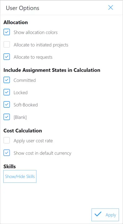 UI user options dialog