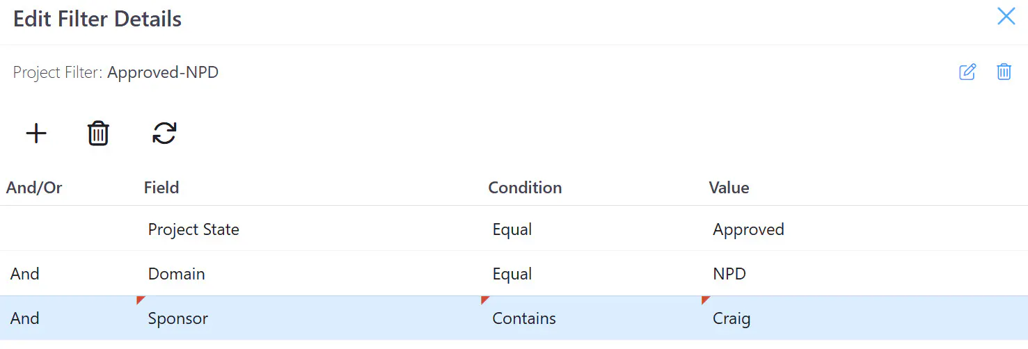 Filter dialog