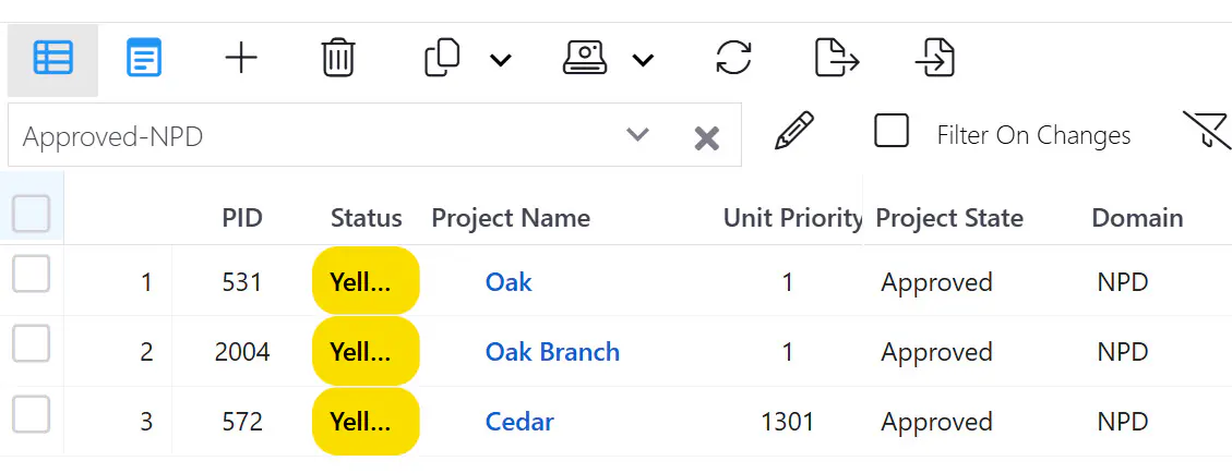 Project Data page with the Approved-NPD filter applied