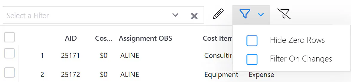 Filter options on Assignment (Request, Financial, Asset) pages