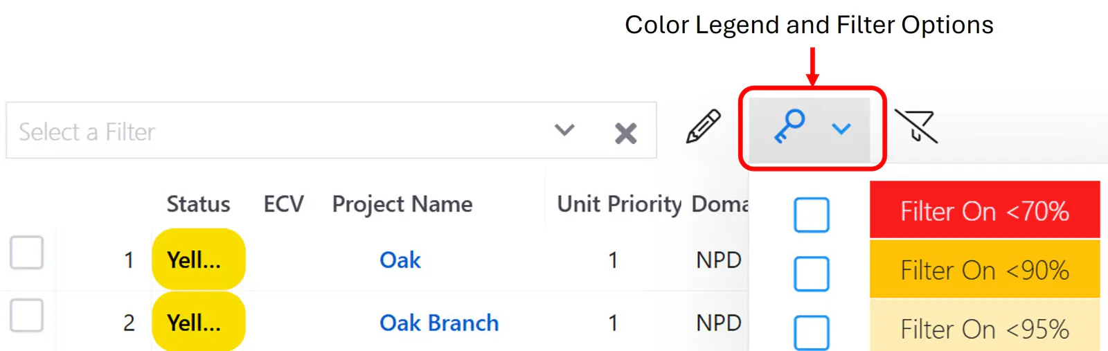 Filter options on the Project Demand page