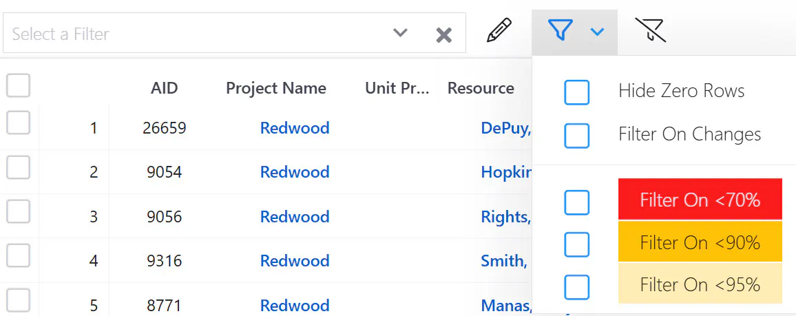 Filter options on Assignment (Labor, Team) pages